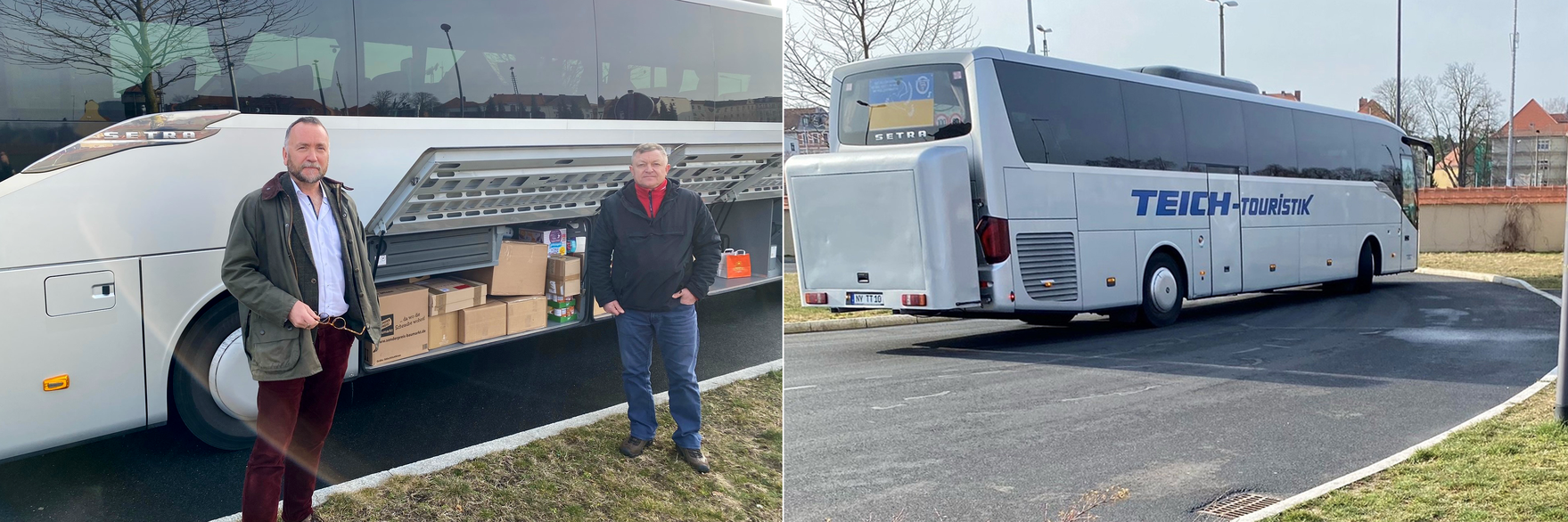 Bildcollage aus zwei Fotos: Der Beauftragte für Vertriebene und Spätaussiedler mit dem Busfahrer nach dem Beladen des Busses und abfahrender Bus